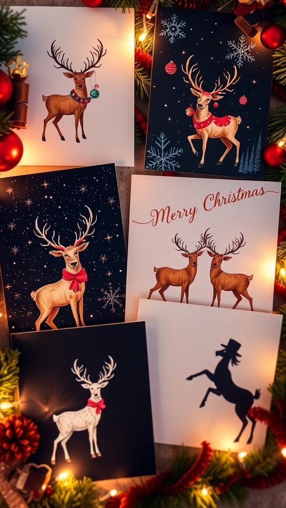Creative Reindeer Christmas Card Ideas A variety of Christmas cards with reindeer designs, including hand-drawn and silhouette styles, displayed with holiday decorations.
